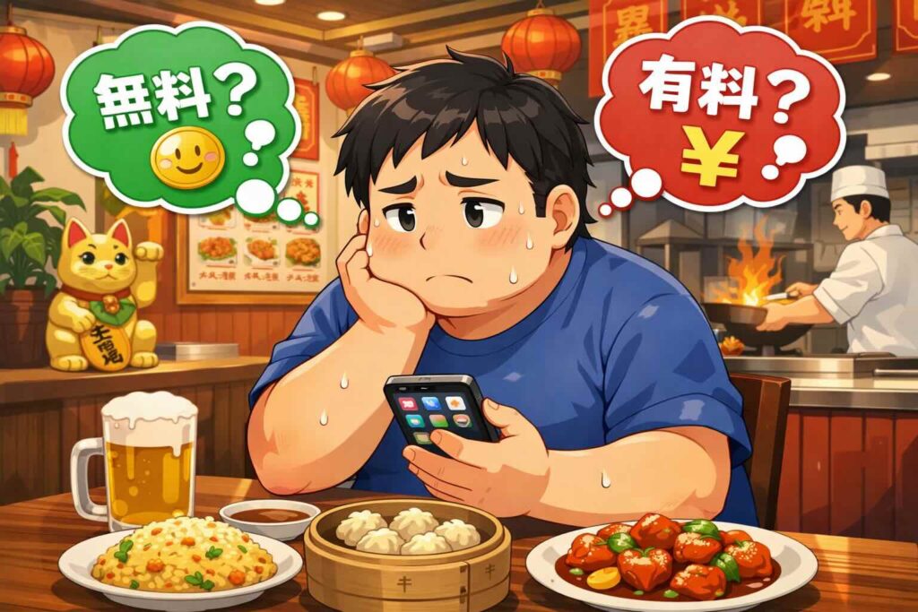 distinctionアプリの無料版と有料版の違いに悩む男性