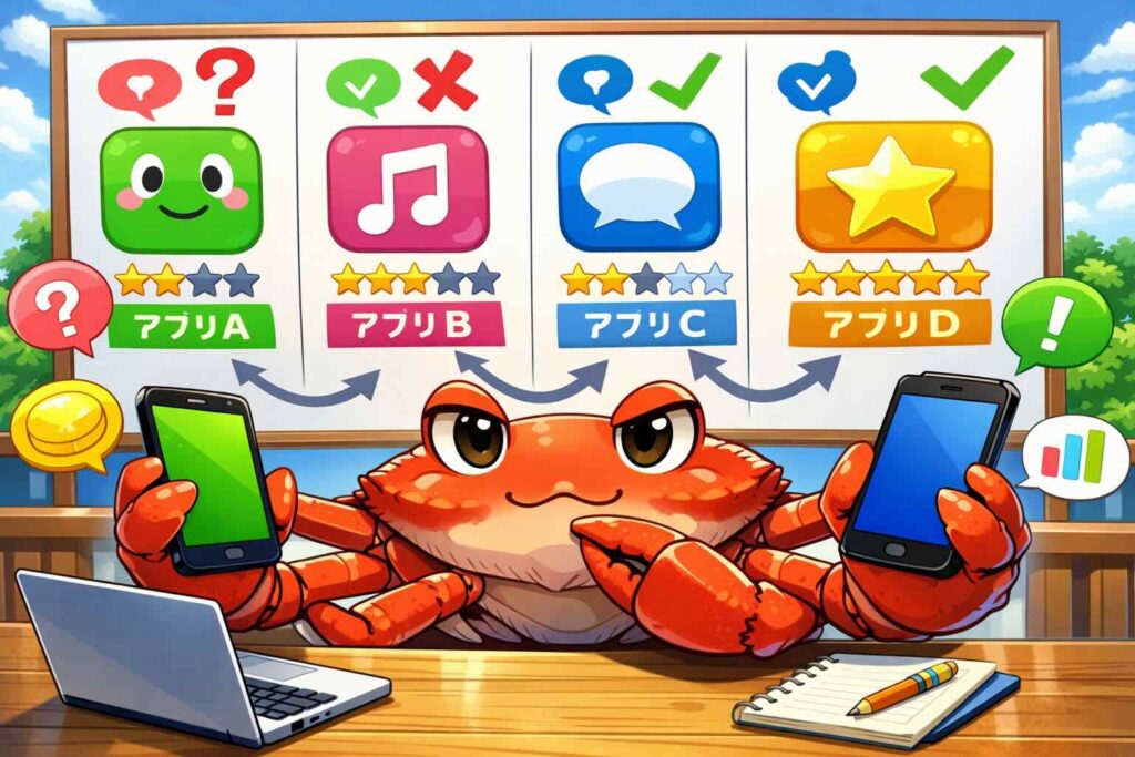 英語漬け.comと他のツールを比較しているズワイガニ