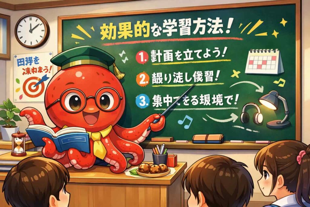 英語漬け.comの効果的な学習方法を教えるタコ