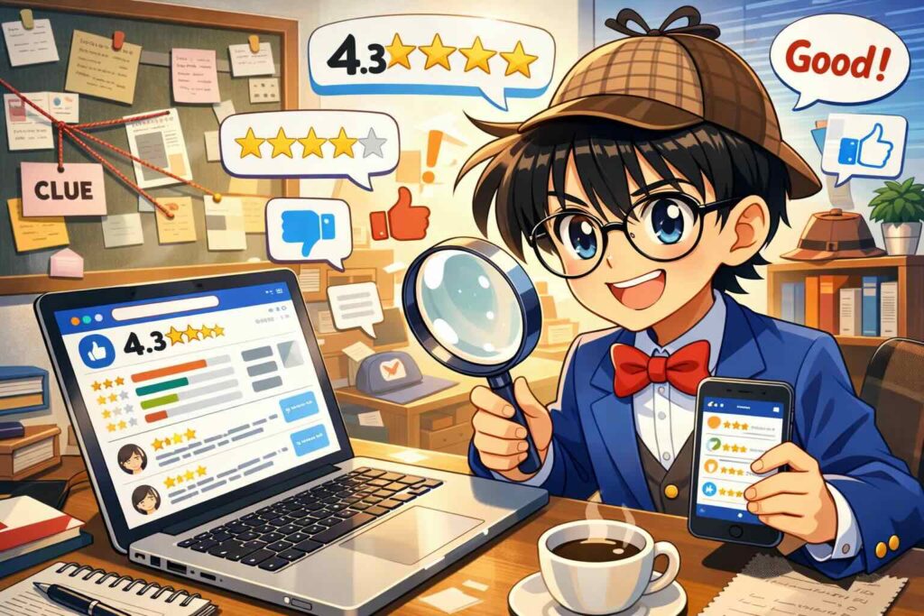 Langmateの評判や口コミを調べている少年