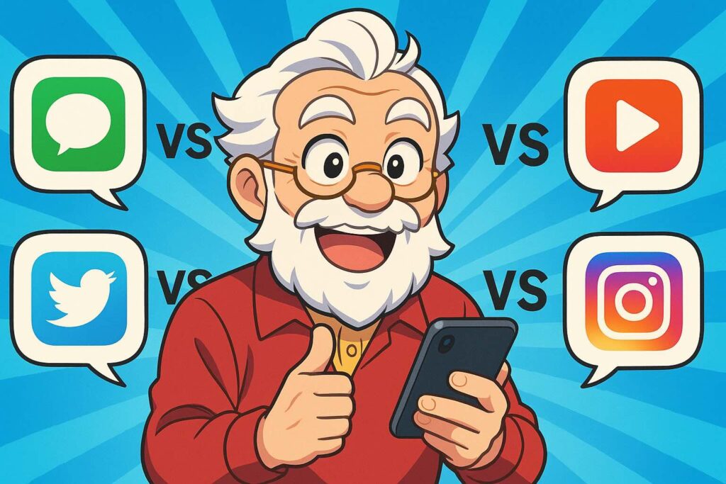 langakuと他の英語アプリを比較しているおじいちゃん