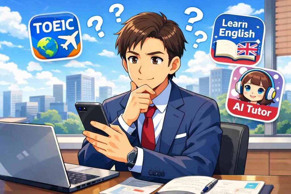 memriseとduolingoを比較しているビジネスマン