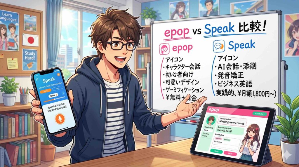 epopとspeakを比較している男性