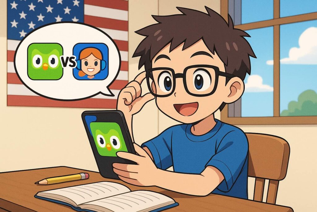 tanzamと他の英語アプリを比較している少年