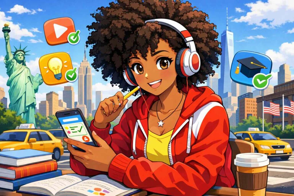 voicetubeの効果的な勉強方法を実践するアメリカ人女性