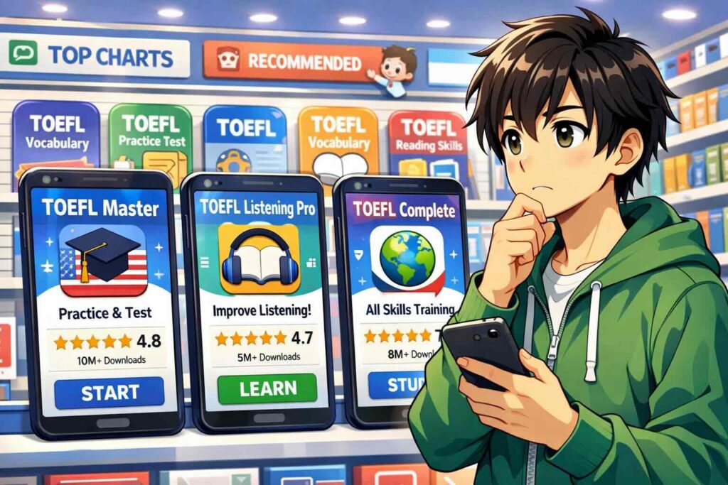 TOEFLスピーキング対策アプリを比較している男性