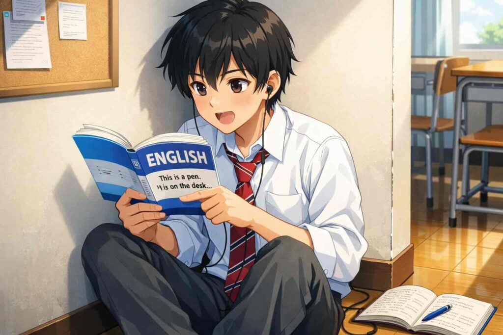 音読メーターで高得点を出すための練習方法を実践する男子