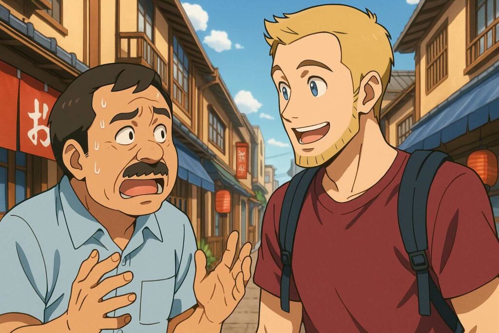 出川イングリッシュでコミニュケーションをとろうとする男性