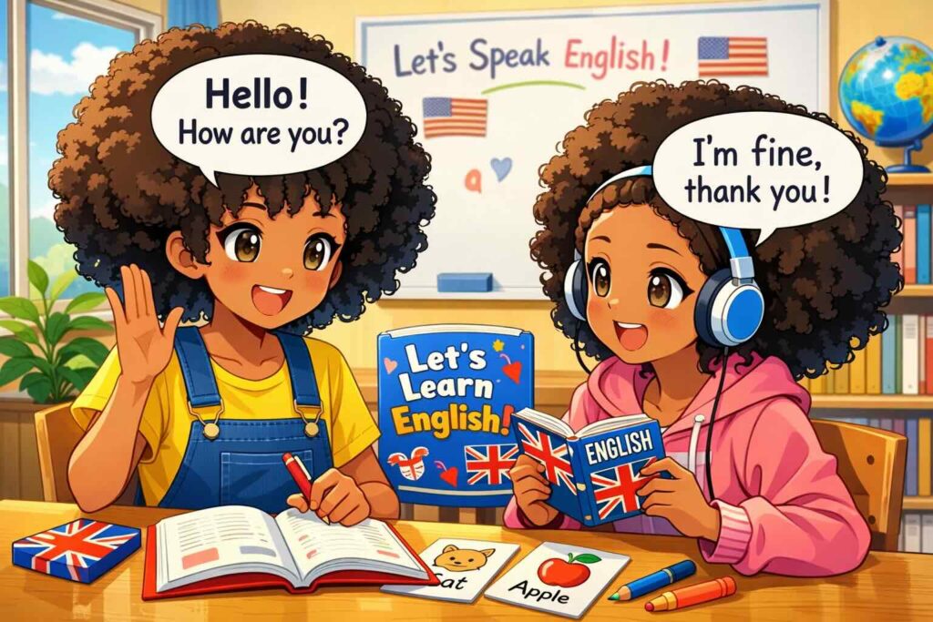 友達と一緒に英会話の練習をするアフロな少女たち