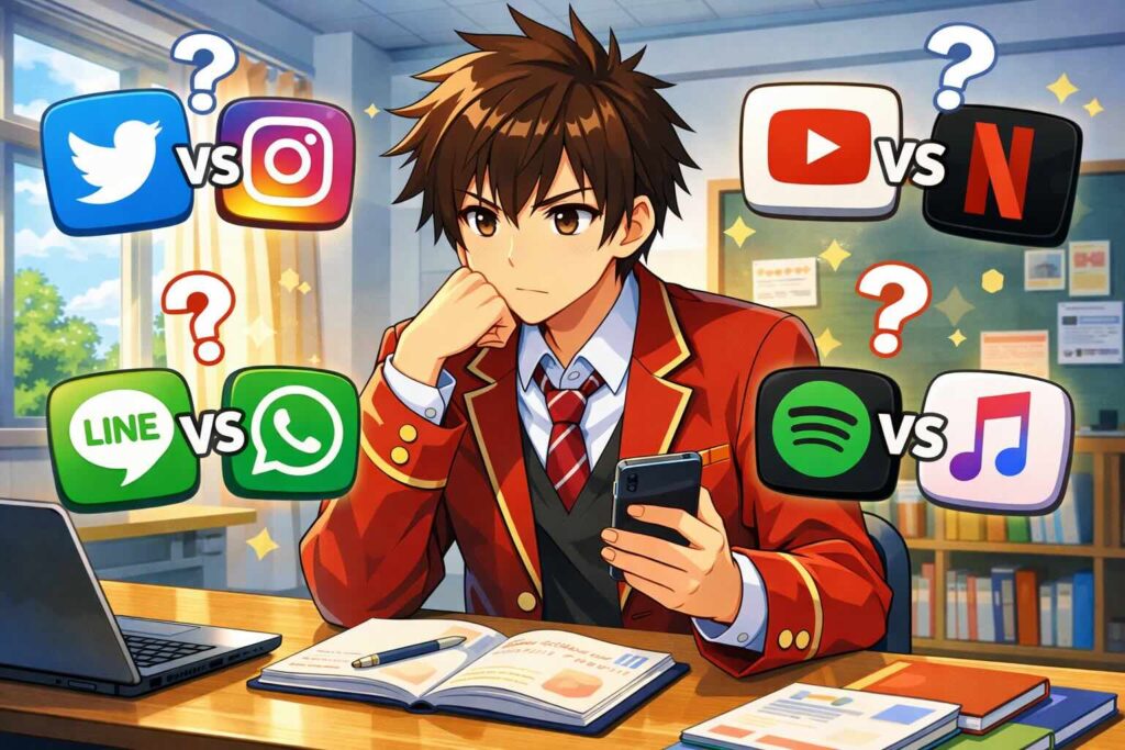 enhackと他の英語アプリを比較している高校生