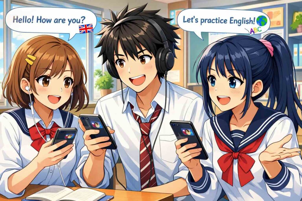 アプリを使って英会話する3人の高校生たち