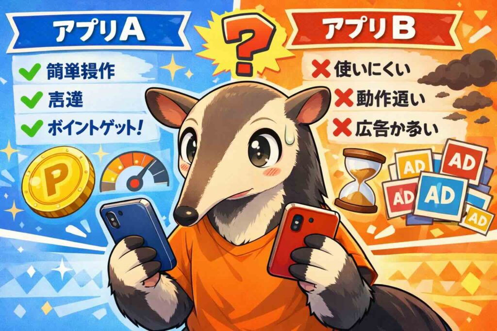 他のアプリとディクトレを比較しているアリクイ