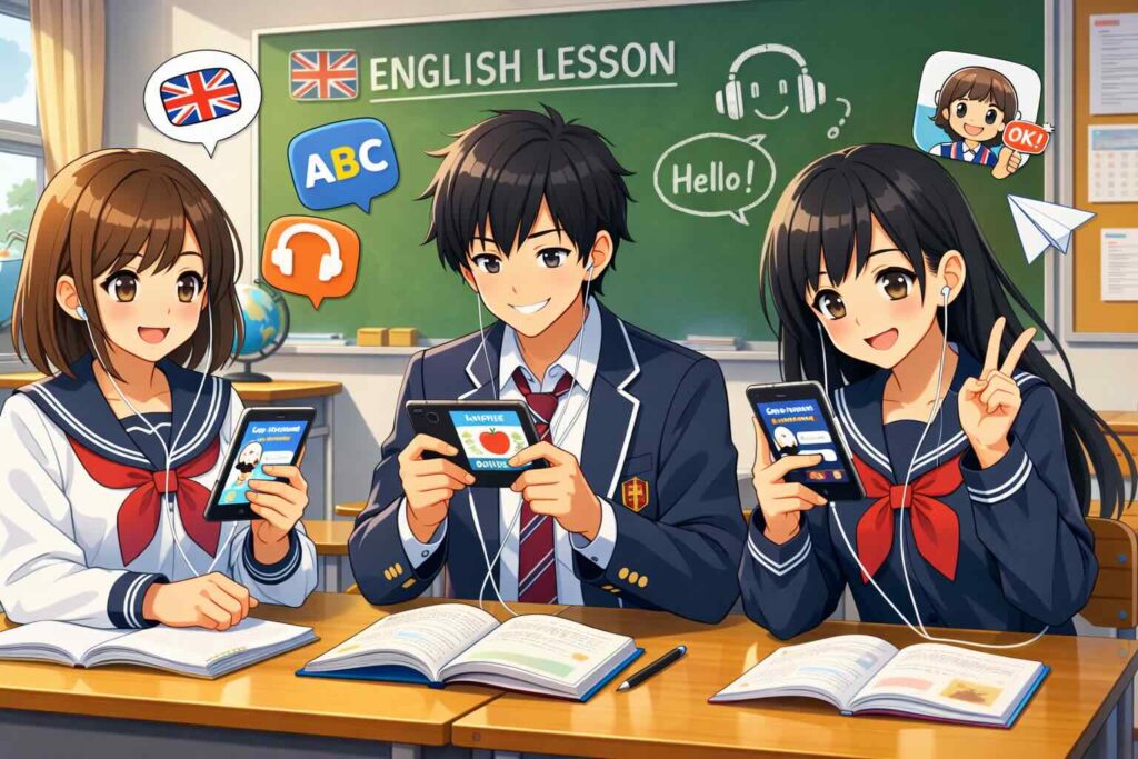教室でアプリで英会話の勉強をする高校生たち