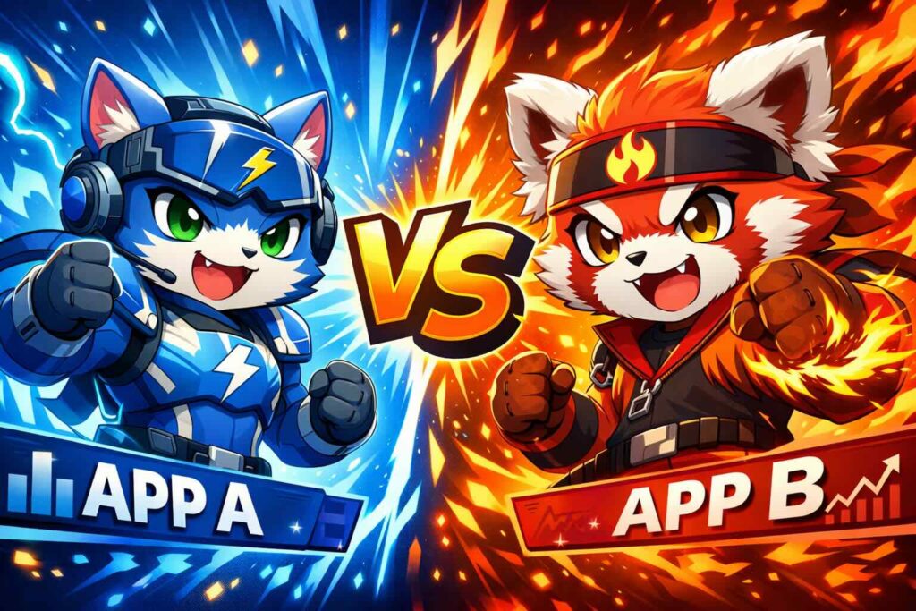 スピークエルと他の英語アプリを比較しているマスコットたち