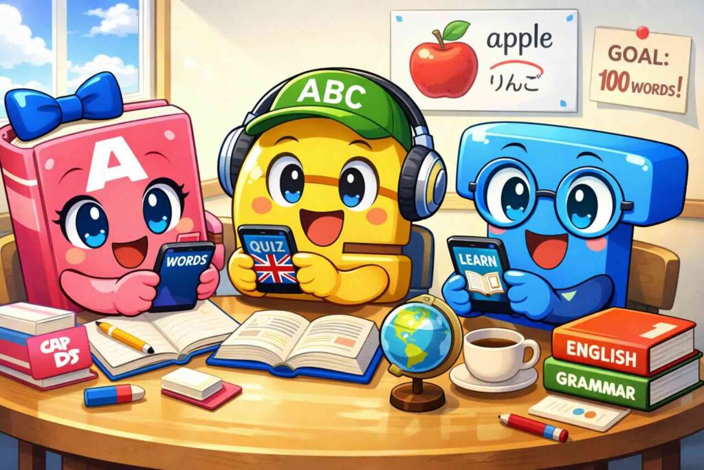 英単語アプリによる学習をする3人の英単語マスコットたち