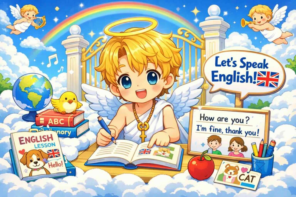 英会話の勉強をする天国にいる門番の子ども