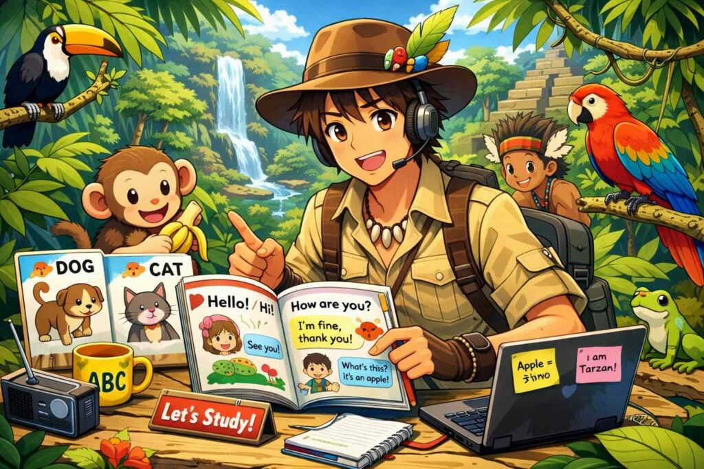 英会話の勉強をするアマゾン探検者