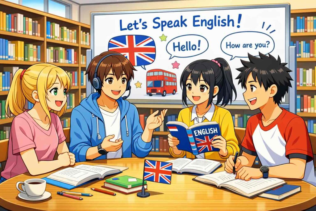 図書館で英会話を学ぶ学生たち