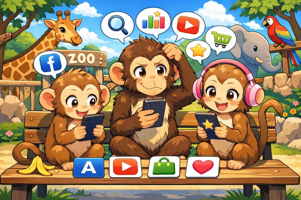 51 talkと他の英語アプリを比較している猿たち