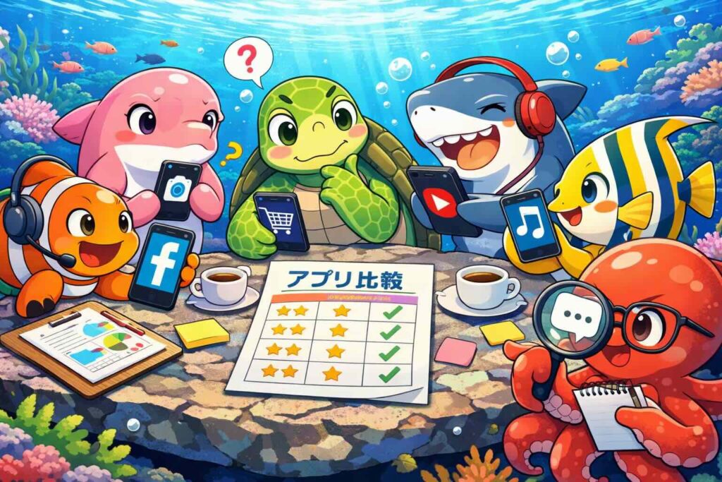 fondiと他の英語アプリを比較している魚たち