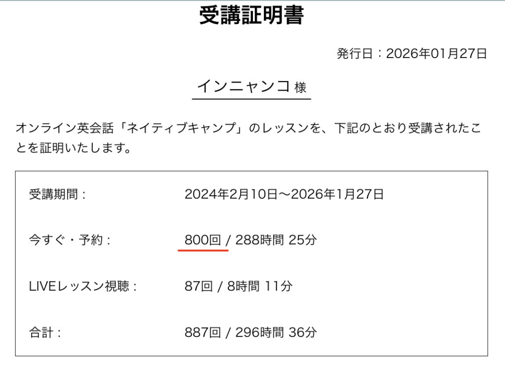 インニャンコのネイティブキャンプ歴