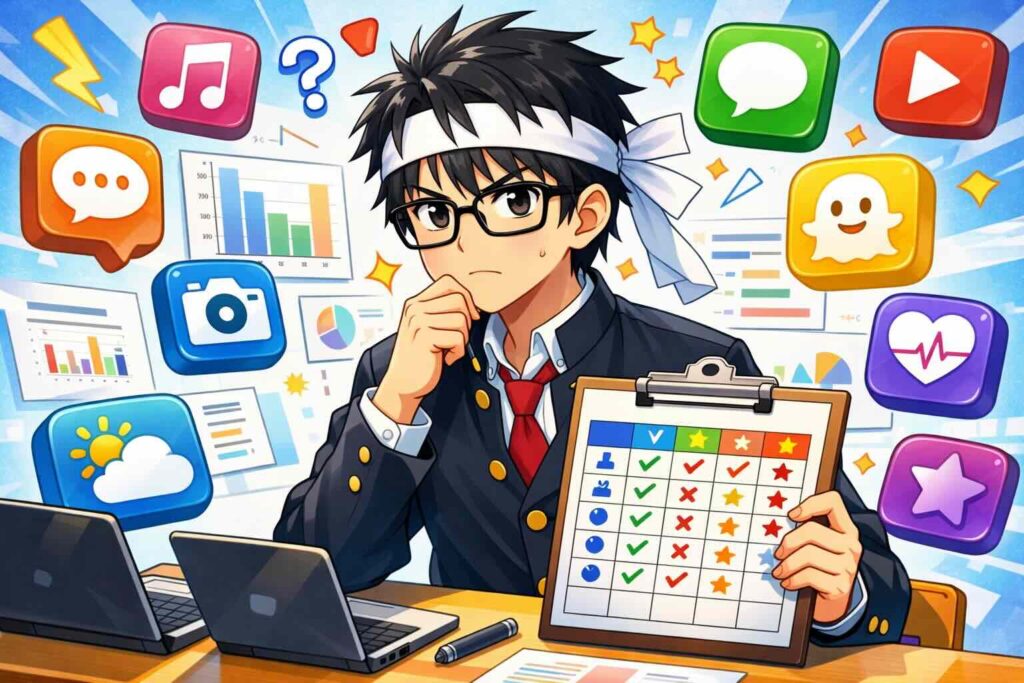 リスパスと他の英語アプリを比較している高校生