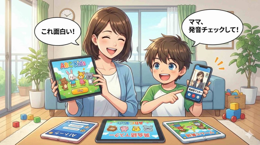 スマイルゼミ Englishと競合アプリを比べている親子