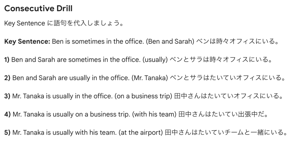 英語のハノンのConsecutive Drillの様子