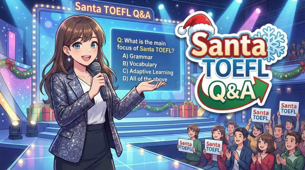 Santa TOEFLのキャンペーンに関するFAQを実施するMC