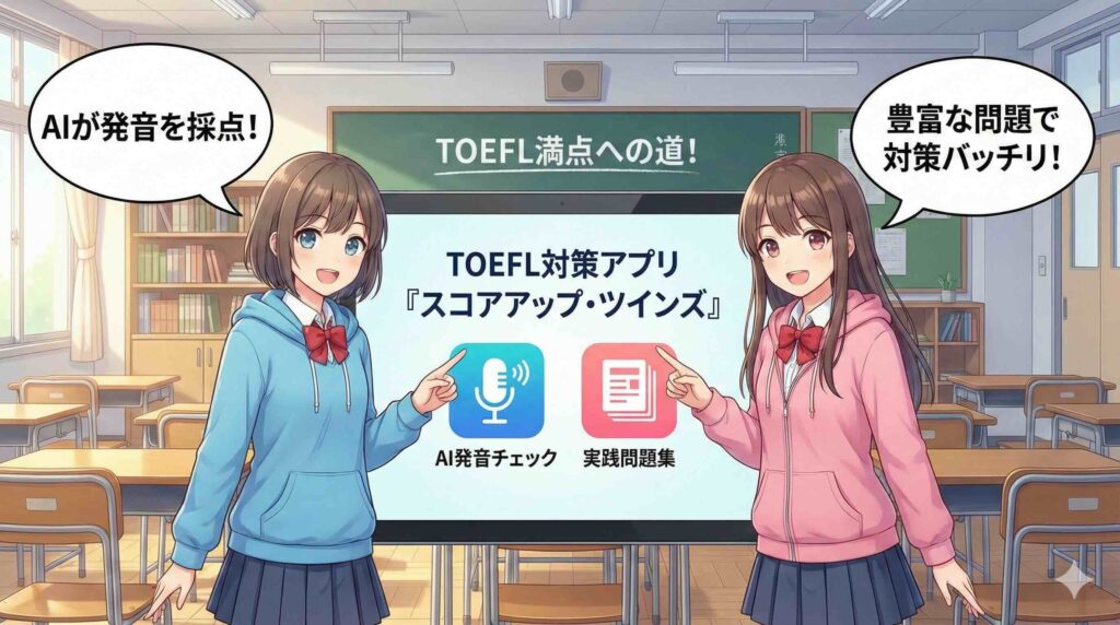 LinguaTOEFLについて説明する双子