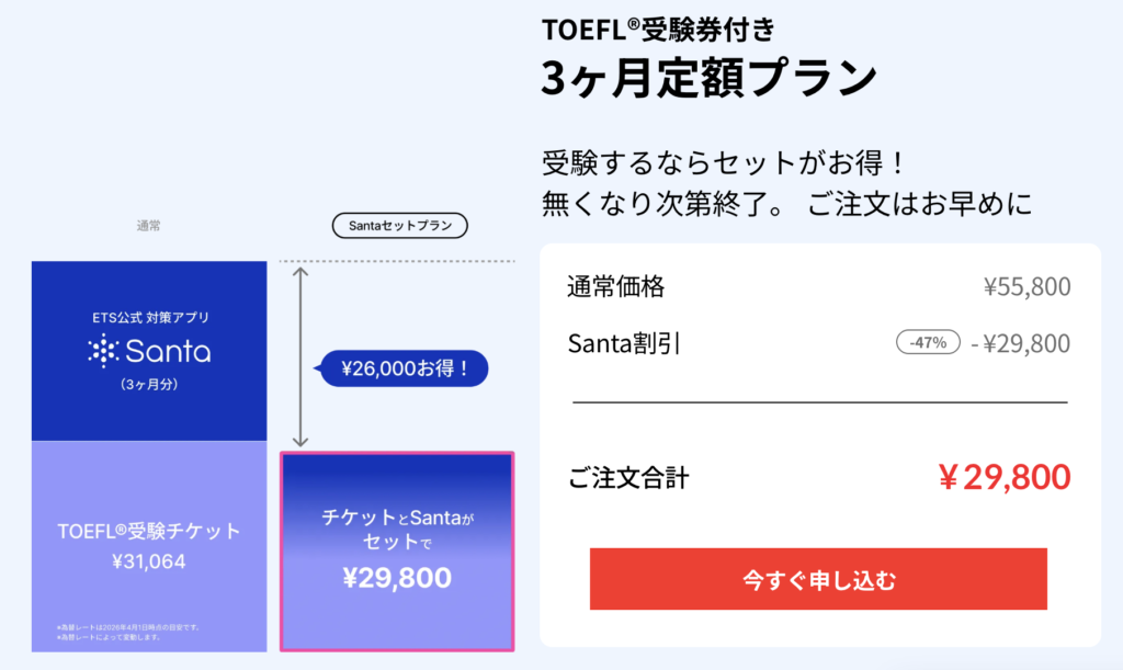 Santa TOEFLの割引キャンペーンセール
