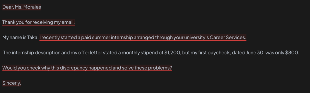 engprepのEmail Writingの添削結果