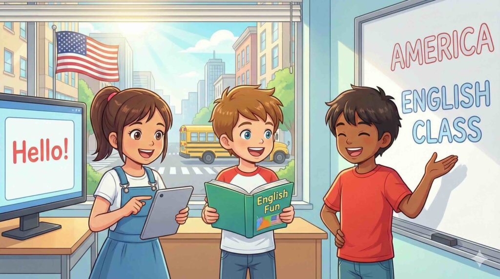 アメリカで英会話の勉強をする子どもたち