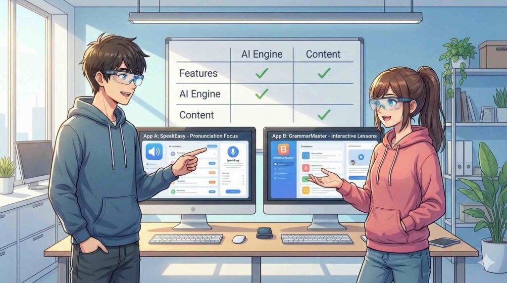 Santa TOEFLと他のアプリのキャンペーンを比較しているエンジニアたち