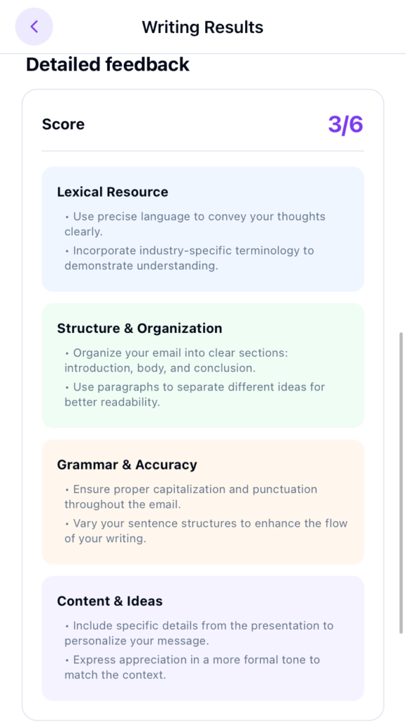 LinguaTOEFLのWrite an Emailのフィードバック