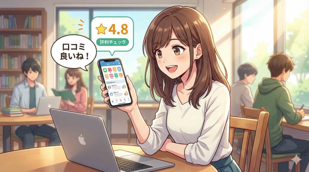 Talkpalの評判や口コミを調べている女性