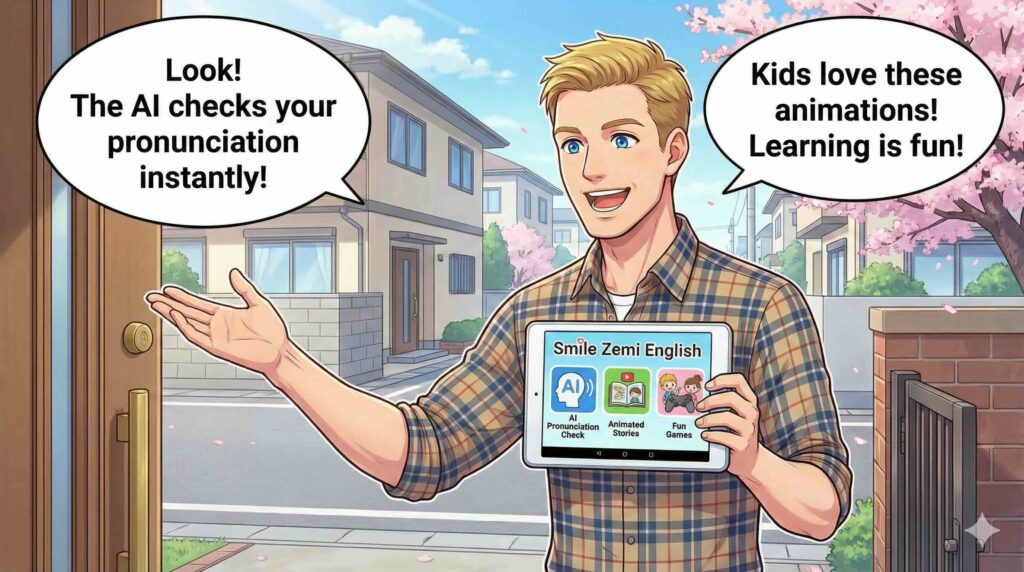 スマイルゼミ Englishについて説明するアメリカ人