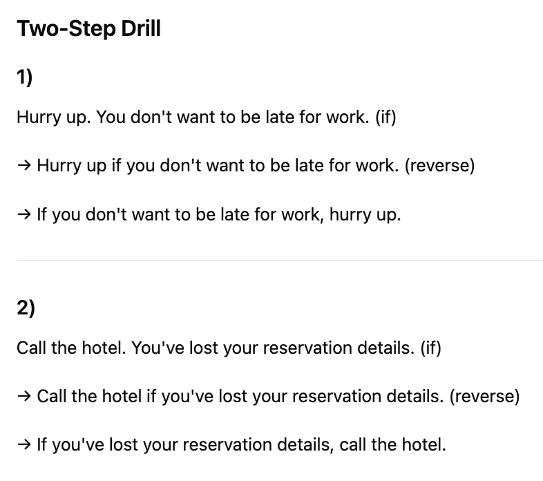 英語のハノン（中級）のTwo-Step Drillの例