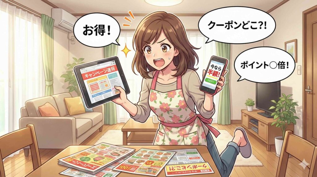 Santa TOEFLのキャンペーン情報を得る方法を探す主婦