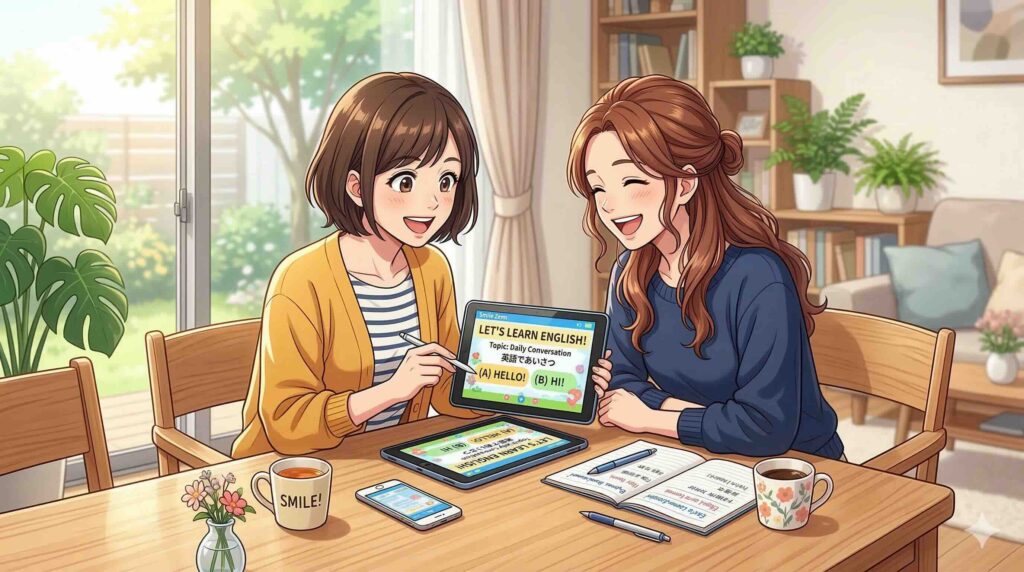 スマイルゼミEnglishの基本的な使い方を実践する主婦