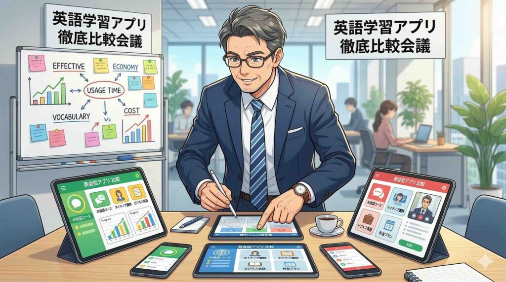 他のアプリとスマイルゼミEnglishの無料体験比較する部長