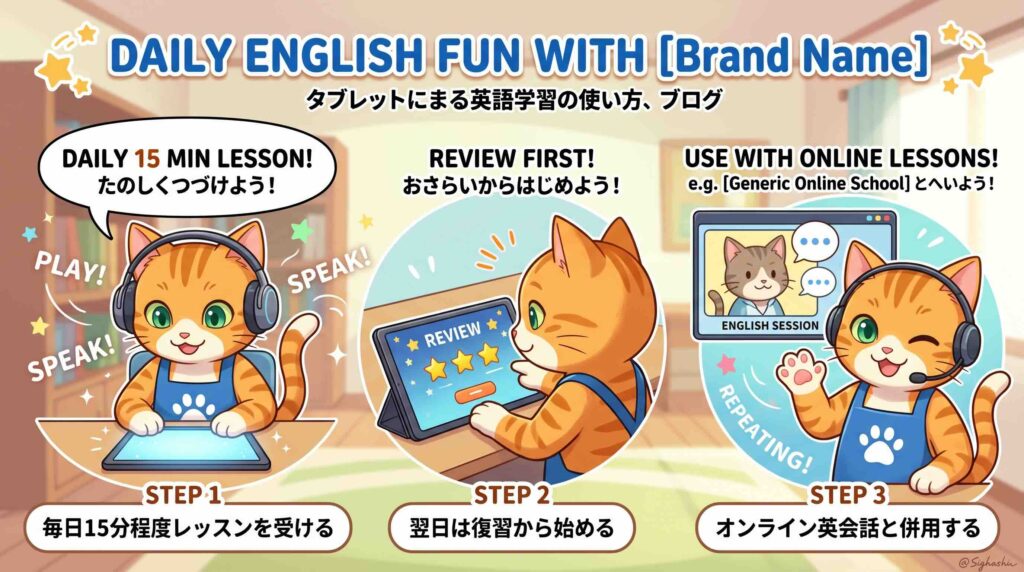 スマイルゼミEnglishの使い方を説明するネコ