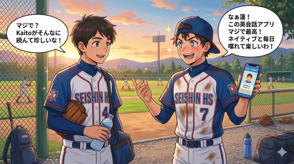 スマイルゼミEnglishの無料体験をやってみた感想を述べる野球部員
