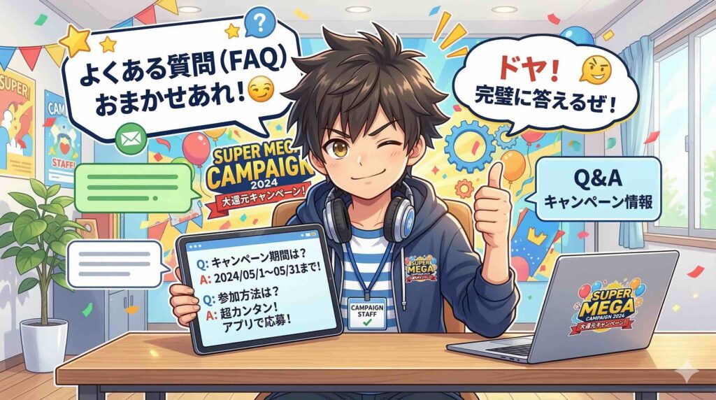 スマイルゼミEnglishのキャンペーンに関するFAQに応える少年