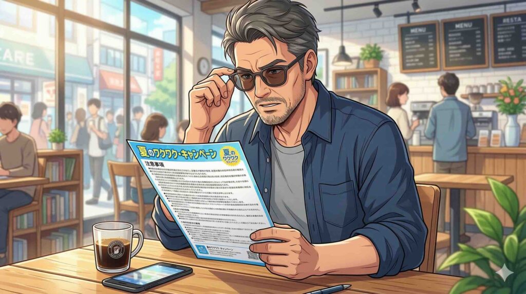 スマイルゼミEnglishキャンペーンの注意点を読み込む男性