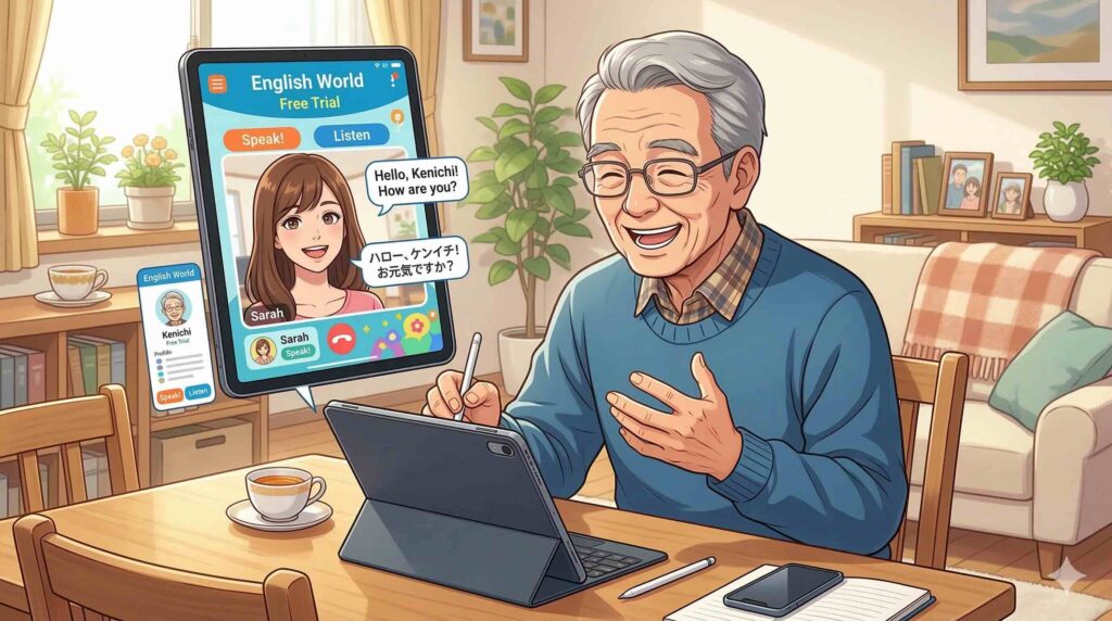 スマイルゼミEnglishの無料体験をやっている男性