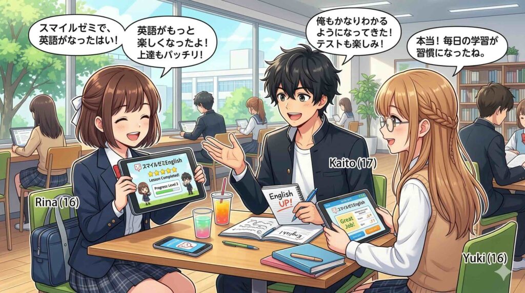 スマイルゼミEnglishで上達することをお話しする高校生たち