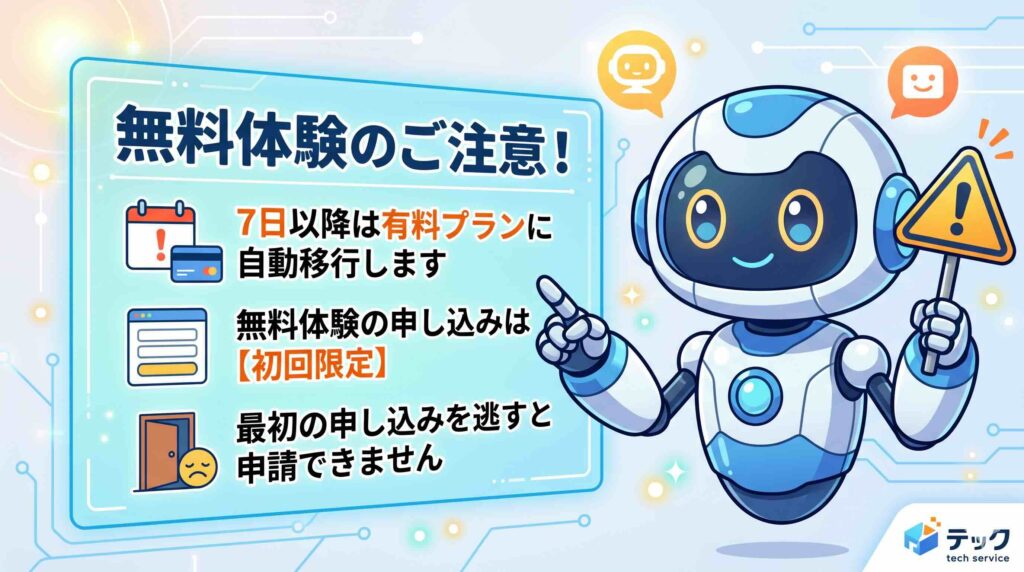 ELSA Speakの無料体験の注意点を紹介するロボット