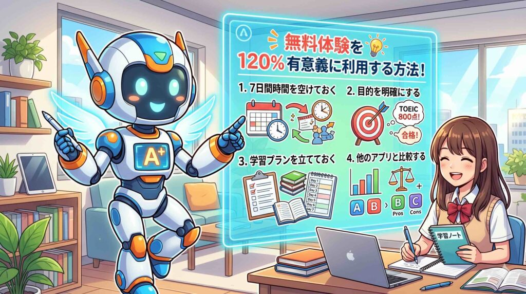無料体験を有意義に利用する方法を教えるロボット