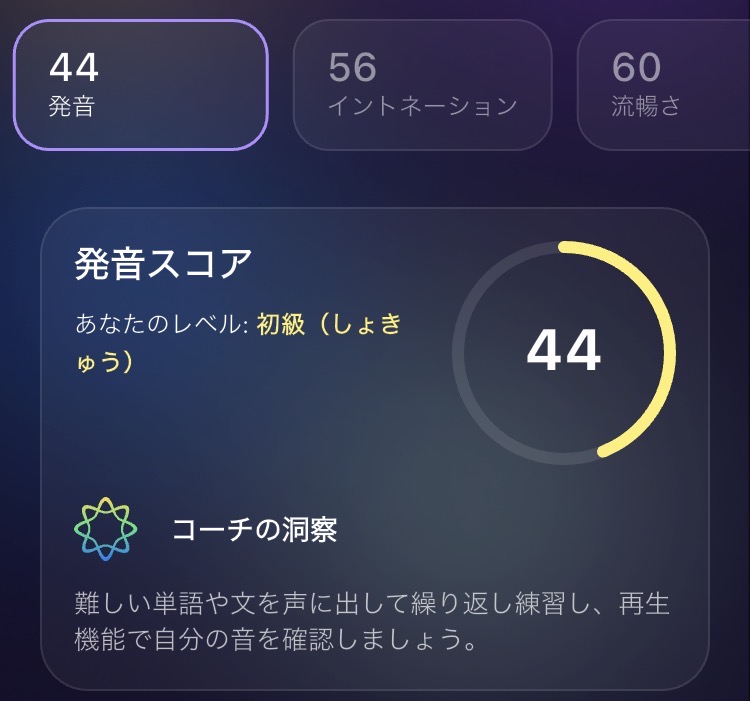スピーチアナライザーの発音スコア